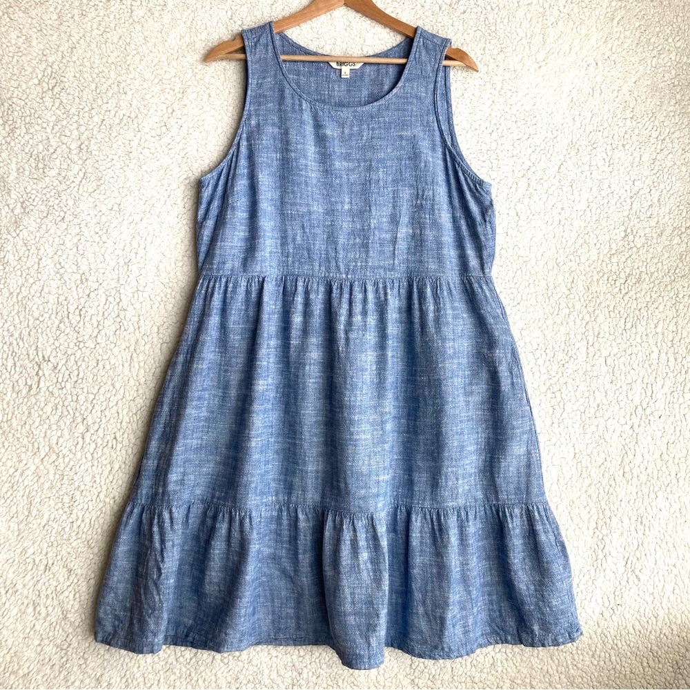 Briggs Women's sleeveless blue linen tiered ruffle dress, Sz L - Picture 4 of 15